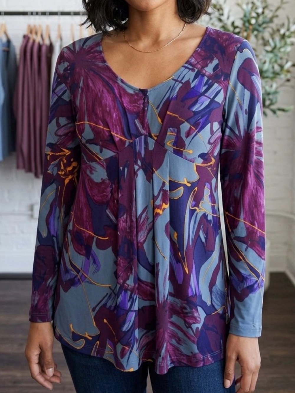 Daisy Fuentes XL Purple Floral Babydoll V-Neck High Waist Long Sleeve